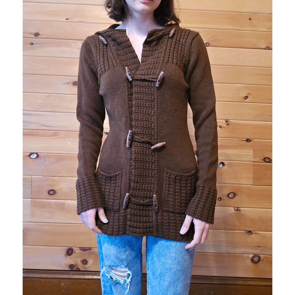Womens Y2K 2000s Allison Brittney Knit Woven Button Hooded Pocket Sweater Jacket